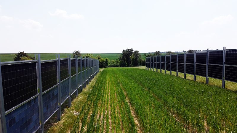 Terre agricole en suvol drone avec des panneaux solaires verticaux